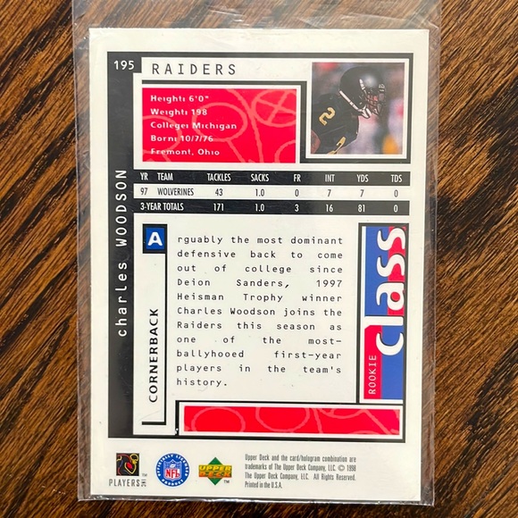 🔥 1998 Upper Deck Oakland Raiders Charles Woodson Rookie Card (RC) #195! 🏈 - Picture 2 of 2